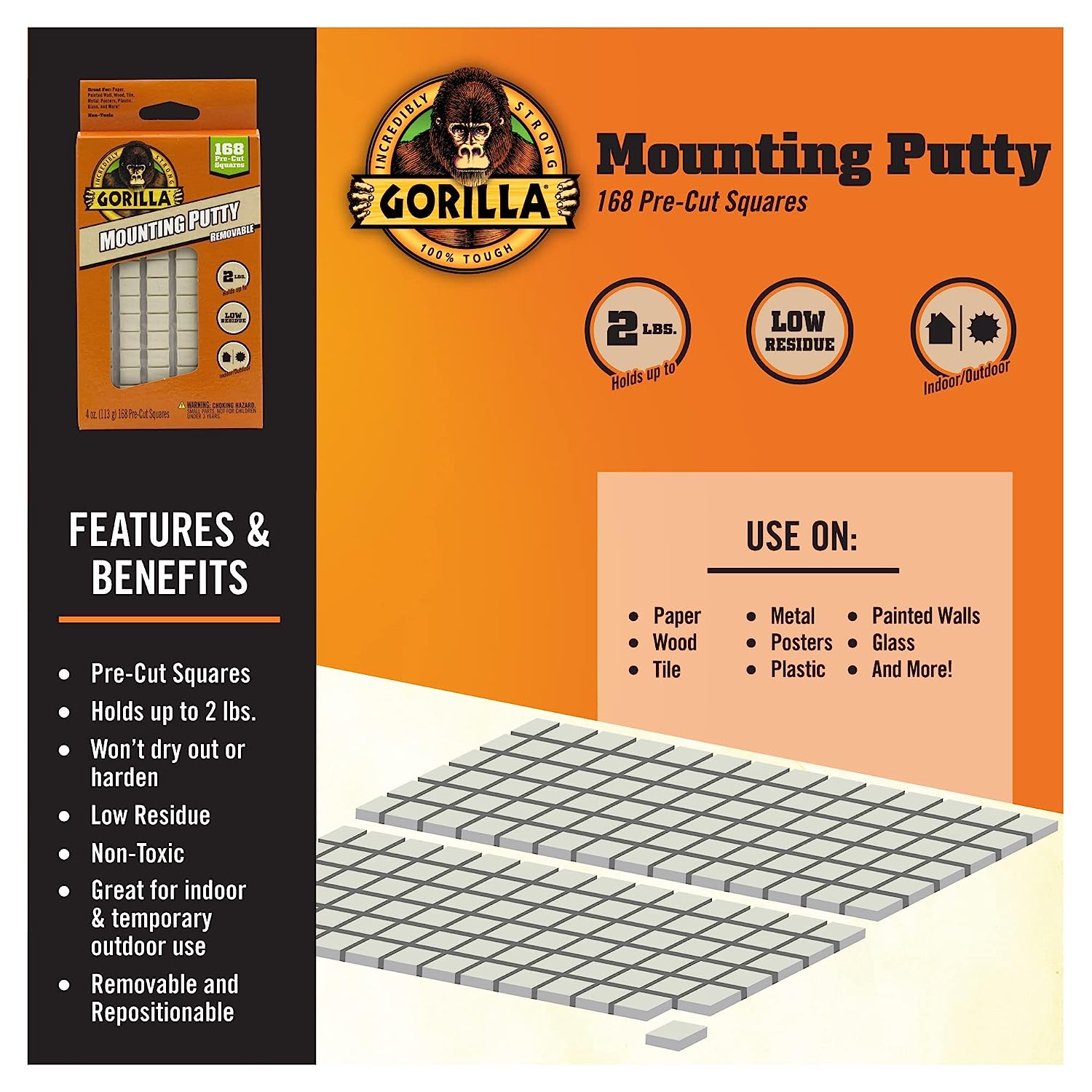 Gorilla Removable Mounting Putty, 84 Pre-cut Squares, Off White (Pack of 3) - Image 4